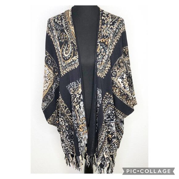 Fuzzi black white gold floral fringe trim open front kimono top size Medium - Picture 1 of 16